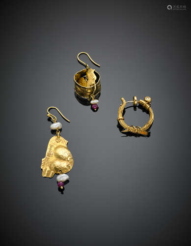 MISANILot comprising three yellow gold earrings of different shapes and sizes with various gems and pearls, in all g 12.67.