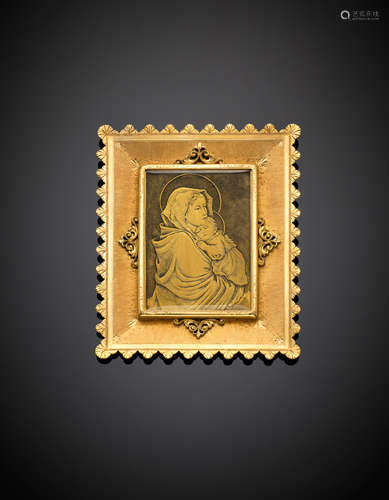 Yellow chiselled gold niello accented Madonna and Child picture, g 68.06, length cm 8, width cm 6.50 circa.