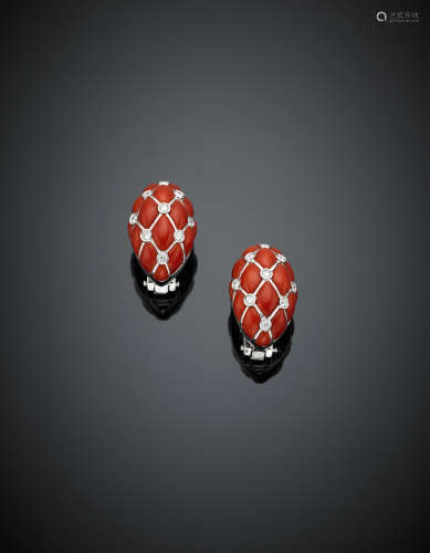 *White gold diamond and red coral mosaic earclips, g 19.20.