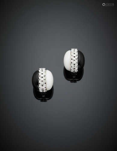 *White gold onyx and white agate clip earrings accented with diamonds, in all ct. 0.50 circa, g 28.