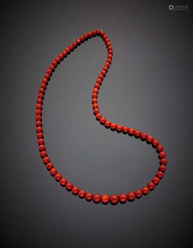 Single-strand necklace of graduated red coral beads from mm 9.60 to mm 5.44, g 39.10, length cm 57 circa.