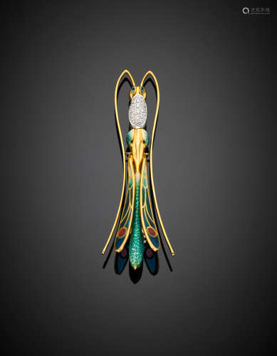 Bi-coloured gold diamond and enamel dragonfly brooch, g 14.39, length cm 7.50 circa. Marked 2034 AL