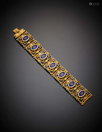 Yellow gold blue enamel modular bracelet, g 98.36, length cm 19, h cm 2.80 circa.