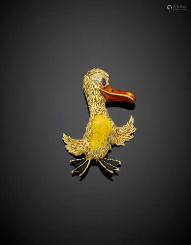 FRASCAROLOYellow gold and enamel, diamond and ruby accented duck brooch, g 36.66, length cm 6.90, width cm 4.40 circa.(defects)