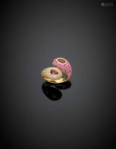 *A tourmaline cross-over bi-coloured gold ring with a pink sapphire pavé and tinted diamond surround g 14.00 size 14/54.