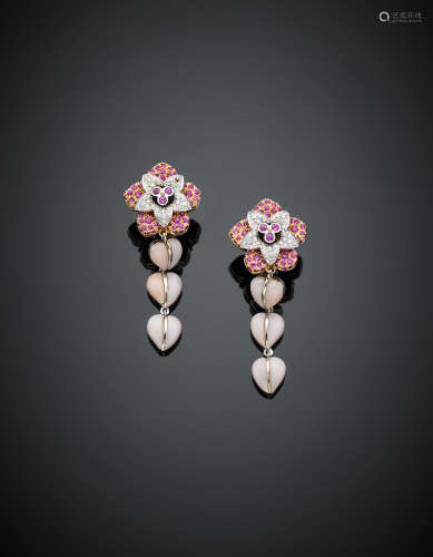 *White gold diamond and pink sapphire flower pendant earrings each suspending three pink opal hearts, g 33.60. (losses)