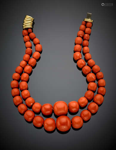 Two-strand graduated red orange coral bead necklace, central bead mm 23.4 circa g 248.60, length cm 39.50 circa.