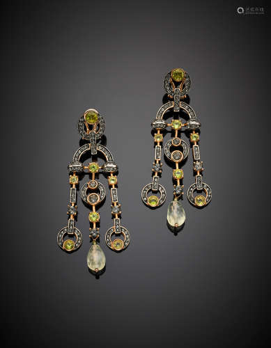 Pink gold and silver, colourless and brown diamond, peridot and tourmaline pendant earrings, g 28.27, length cm 7.70 circa.