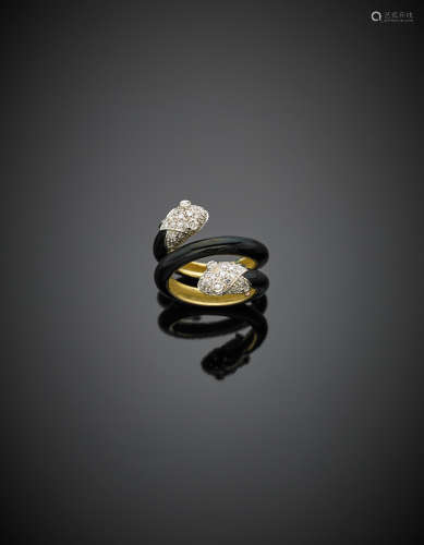 Yellow gold black enamel crossover ring terminated by two white gold diamond chameleon heads, g 10.50 size 11/51.