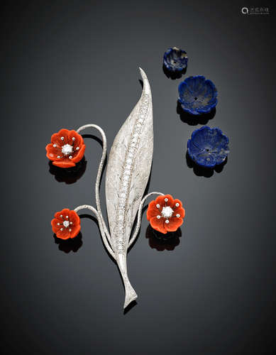 White gold diamond leaf brooch with carved orange coral flowers and carved lapislazuli spare flowers g 29.60, length cm 11 circa.