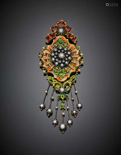 Yellow gold and silver, diamond and enamel brooch, removable fringe, g 32.92, length  cm 9 circa.