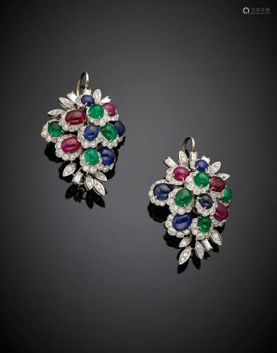 White gold diamond, cabochon ruby, sapphire and emerald flower pendant earrings, g 24.40, length cm circa.