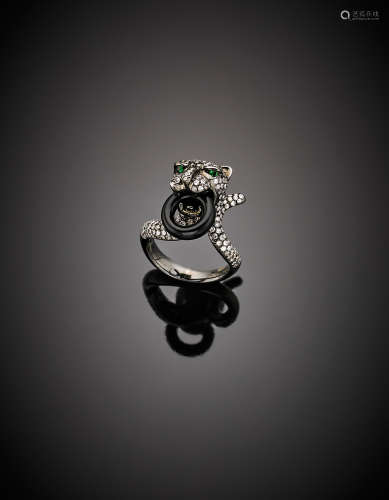 Rhodium plated diamond onyx and tsavorite leopard head ring, g 8.40 size 13/53.