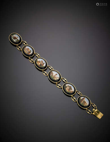 Yellow 14K gold micro-mosaic plate bracelet, g 53.72, length cm 21.50 circa.(defects)