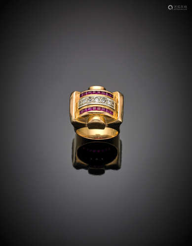 Red gold calibré ruby and round diamond band ring, g 10.87 size 13/53. French hallmark