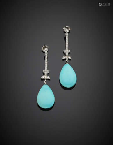 MAGLIA TREVISOWhite gold diamond and turquoise drop pendant earrings, g 12.35, length cm 6.20 circa.