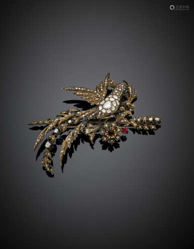 Antique Phoenix with flower and arrow diamond brooch, the rose cut diamonds and red and green gems are set in gilt metal, g 41.48, length cm 10.20 circa.(losses)