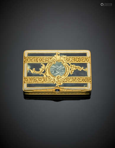 Yellow engraved gold, white enamel, black and powder blue guilloché enamel snuff box with a cabochon sapphire on the clasp g 105.30, length cm 7.8, width cm 5.2, h cm 1.3 circa. Inside inscribed A.A. in italic (defects)