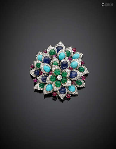 White gold diamond cabochon ruby, sapphire and emerald flower brooch, g 36.42, length cm 6.70, width cm 6 circa.