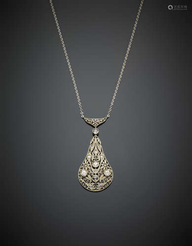 White gold rose cut and old european cut diamond openwork pendant with chain, g 8, length cm 5.20 circa.