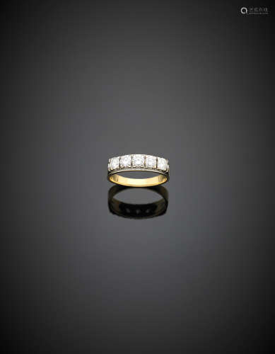 A five round diamond bi-coloured gold wedding ring, in all ct. 0.90 circa g 4.90 size 14/54.