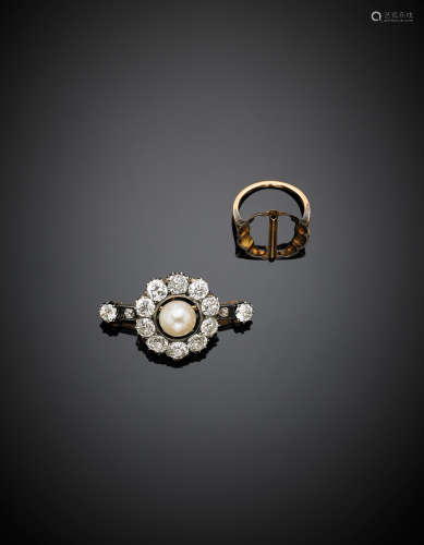 Yellow gold and silver diamond, in all ct. 7.00 circa, and pearl brooch, adaptable as ring, g 15.60, length cm 4 circa.