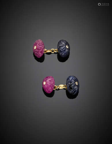 Yellow gold cabochon ruby and sapphire, diamond accented cufflinks, g 13.60.