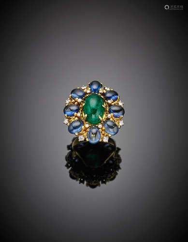 Yellow gold oval cabochon sapphire and ct. 4.50 emerald ring, accented with diamonds, g 16.02 size 12/52.