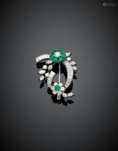 White gold round, marquise and baguette diamond and emerald floral brooch, g 7.72, length cm 3.20 circa.