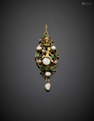 Gilt metal pearl, vitreous paste and peridots pendant, g 14.10, length cm 7.50 circa.
