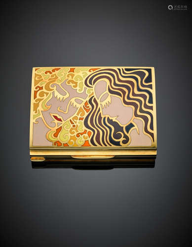 Yellow gold rectangular bombé cigarette case with two cloisonné enamel female portraits on the cover, g 157.80, length cm 8.70, width cm 6.90, h cm 2 circa. In original pouch