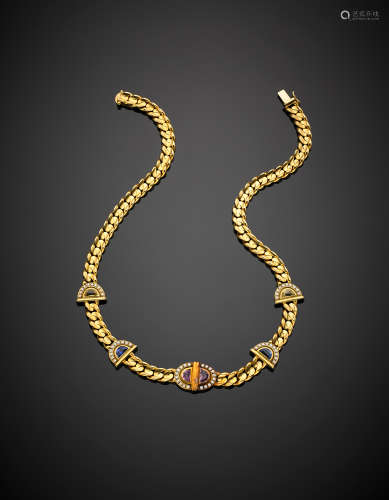 Yellow gold gourmette chain with pink, yellow and blue sapphire necklace, accented with diamonds, g 74.58, length cm 39.50 circa.
