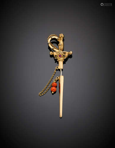 Yellow gold red orange coral and gem set sword brooch, g 8.18, length cm 7.70 circa.