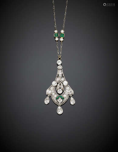 White gold diamond and emerald chain and pendant, g 11.99, length cm 50 circa.