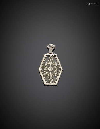 White 14K gold carven hyaline quartz and small diamond pendant, g 2.86, length cm 2.70 circa.