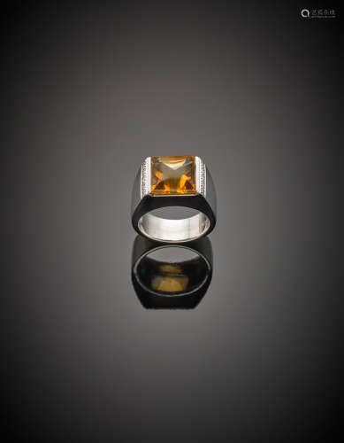 *White gold diamond cabochon citrine quartz ring, g 16.51 size 14/54.