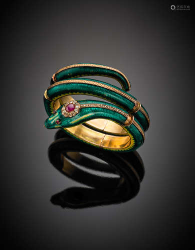 Yellow gold, green and yellow enamel articulated snake bracelet, accented with diamonds and rubies, g 122.20, diam. cm 5.50.(defects)