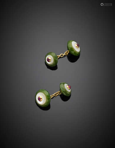 Yellow gold faceted nephrite, mother-of-pearl and cabochon ruby accented cufflinks, g 8.86.