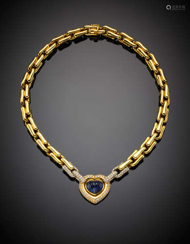 *WEINGRILL PER MISSIAGLIAYellow gold chain necklace with a heart shaped carved sapphire surrounded by a diamond pavé, g 118.91, length cm 47 circa.