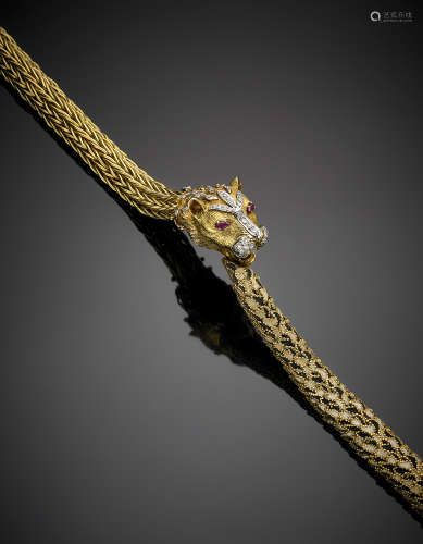ASSIYellow gold enamel, diamond and ruby-set leopard's head necklace, detachable in two bracelets, white gold details, in all g 163.40, length cm 37.50 circa. Only one signed ASSI