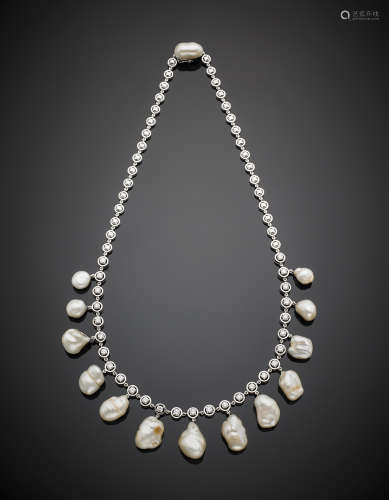 White gold diamond and irregular button pearl necklace, g 69.40, length cm 46.5 circa.