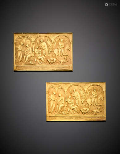 Lot composed of two yellow 900/1000 gold castings PAX HOMINIBUS BONAS VOLUNTATES, in all g 317.12. In original boxes with guarantees