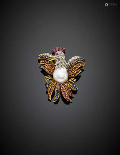 Bi-coloured gold, diamond , sapphire, ruby and pearl rooster brooch, g 28.45, length cm 5.40, width cm 4.60 circa.