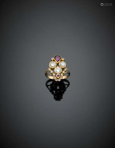 Yellow gold ruby and diamond ring, the bigger diamonds ct. 0.45 circa, g 4.50 size 12/52.