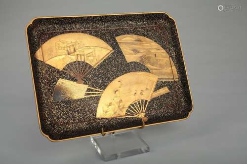 A Japanese black & gold lacquer tray,