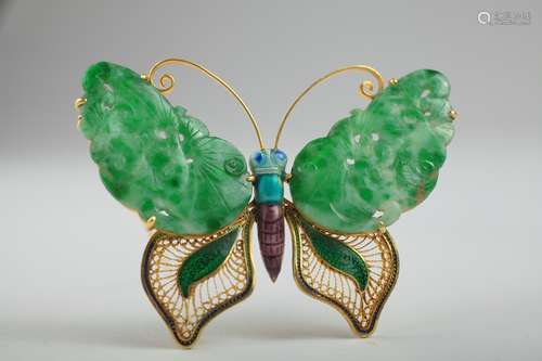 Old Chinese export jewelry gold and jade butterfly