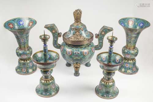 A Chinese monumental 5-piece cloisonne altar set,