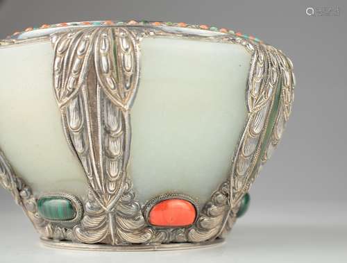 Antique Tibetan silver mounted white jade bowl,