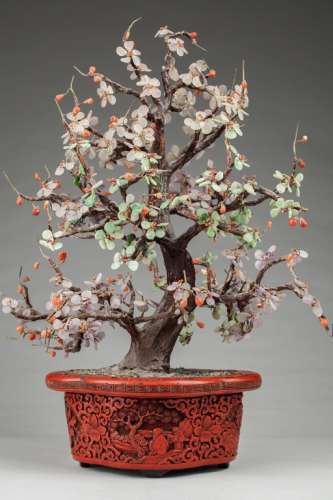 Carved Chinese cinnabar planter and jade tree