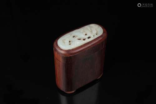 A Chinese hardwood box with white jade panel,